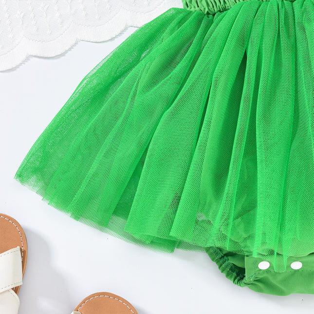 Baby Girl St. Patrick’s Day Tulle Romper Dress & Headband Set – Clover Embroidered Ruffle Sleeveless Jumpsuit