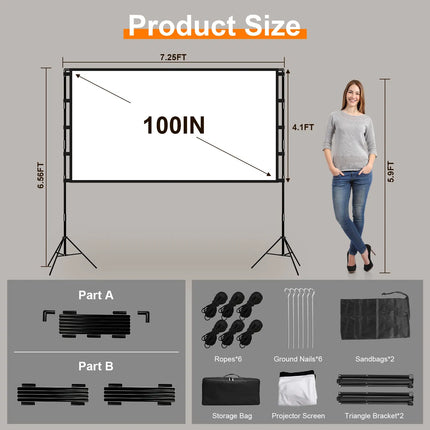 Portable Projector Screen with Stand (100"/120" Options) – 4K HD Wrinkle-Free Movie Screen – Front & Rear Projection Foldable Screen with Carry Bag for Outdoor Cinema