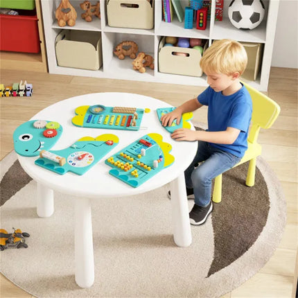 11-in-1 Dinosaur Activity Wall Panels – 3-Piece Wooden Sensory Busy Board – Montessori Wall Toy with Gears, Maze & Music for Toddlers