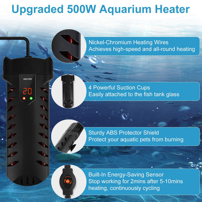 500W Submersible Aquarium Heater with External LED Controller – Adjustable Temperature Thermostat – For Freshwater & Saltwater Fish Tanks up to 79 Gallons