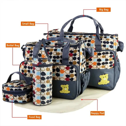 5pcs Multi-Function Baby Diaper Bag Set – Large Capacity Mummy Tote Bag – Includes Small Accessory Bag, Bottle Case, and Changing Mat