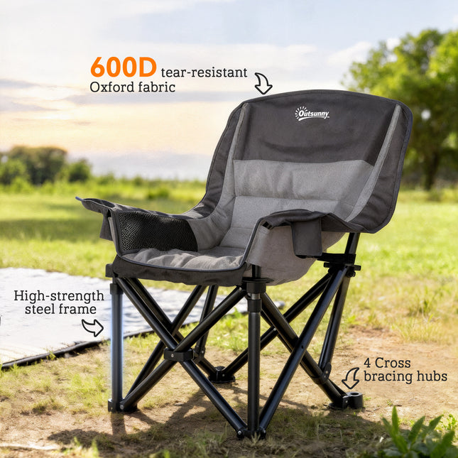 Heavy-Duty Folding Camping Chair – Portable Outdoor Lounge Chair with Side Pockets, Cup Holder & Carry Bag – Black & Gray