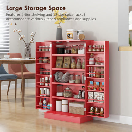 Freestanding Kitchen Pantry Cabinet – 5-Tier Storage Cupboard with Adjustable Shelves & Door Spice Racks for Dining Room Organization