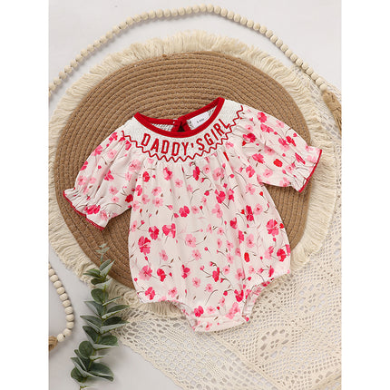 "Daddy's Girl" Smocked Baby Romper – Floral Print Princess Bodysuit – Hand-Embroidered Vintage Style Outfit for Infant Girls