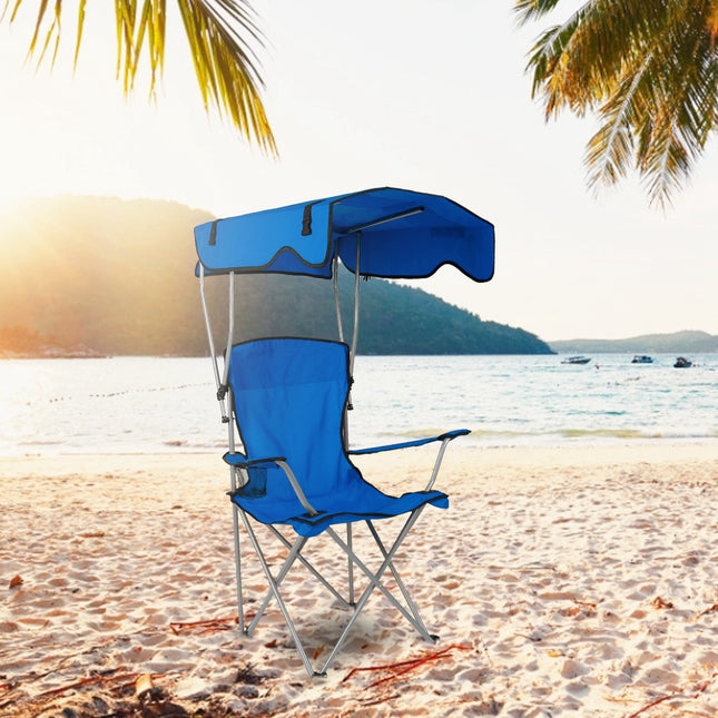 Heavy-Duty Ocean Blue Camping Chair with Canopy – 330lbs Capacity Folding Chair – Sunshade & Rain Shelter for Beach, Fishing & Patio