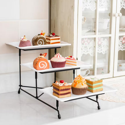 3-Tier Rectangular Serving Tray – Tiered Dessert Display Stand with Metal Rack – Serving Platters for Parties & Holidays