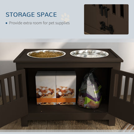 Dog Food Storage Cabinet with Pull-Out Feeding Station – Espresso Wooden Pet Feeder with 2 Stainless Steel Bowls – Multi-functional Pet Furniture
