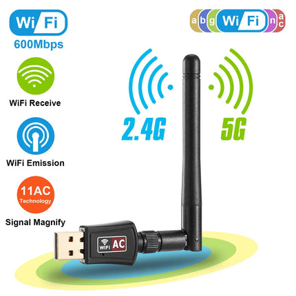 AC600 Dual Band USB WiFi Adapter - 5G/2.4G Wireless Network Dongle with 2dBi External Antenna - High-Speed 802.11ac Wi-Fi Receiver for PC Desktop & Laptop