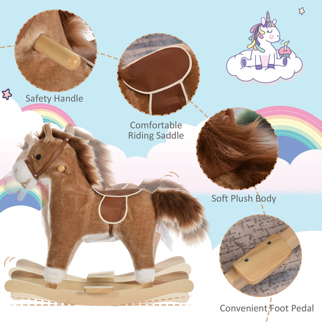 Plush Rocking Horse Toy with Realistic Sounds & Moving Tail – Classic Wooden Rocker for Toddlers & Kids Playrooms