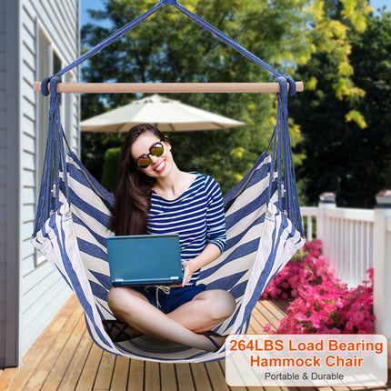 Premium Canvas Hammock Hanging Chair – Portable Swing Seat with Wooden Spreader Bar & 2 Pillows – 265lbs Capacity for Indoors & Outdoors