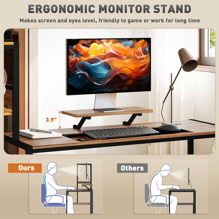 67" Large Computer Desk with Monitor Stand – Reversible 4-Tier Storage Shelves – Industrial Writing Desk with CPU Space for Home Office