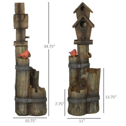Outdoor Fountain with Birdhouse – 3-Tier Cascading Tree Trunk Waterfall – Rustic Log Design Bird Bath with LED Lights for Garden & Yard