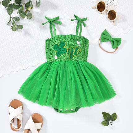 Baby Girl St. Patrick’s Day Tulle Romper Dress & Headband Set – Clover Embroidered Ruffle Sleeveless Jumpsuit