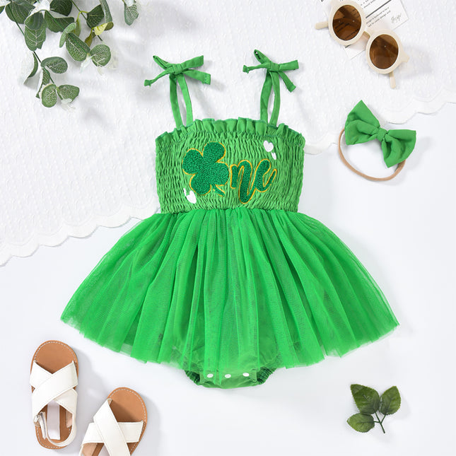 Baby Girl St. Patrick’s Day Tulle Romper Dress & Headband Set – Clover Embroidered Ruffle Sleeveless Jumpsuit