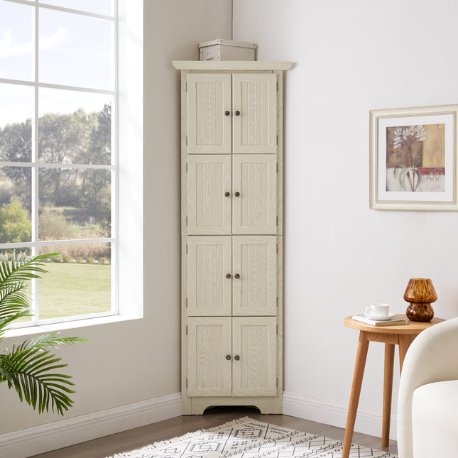 72-Inch Tall Corner Kitchen Pantry Storage Cabinet – 4-Tier Space-Saving Organizer with 8 Doors for Farmhouse Living Rooms & Bathrooms