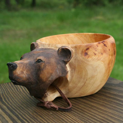 Hand-Carved Scandinavian Kuksa Wooden Mug – Traditional Guksi Camping Cup – Authentic Nordic Wood Coffee Mug with Animal Carvings