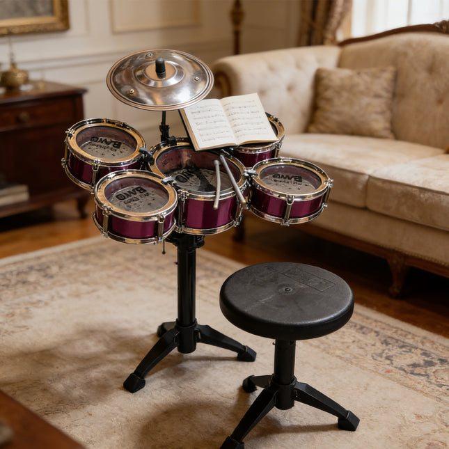 Kids Jazz Drum Set – 5-Drum Musical Instrument Kit with Cymbal & Stools – Early Education Percussion Toy for Toddlers & Beginners