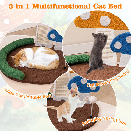 Mushroom Cat Bed & Scratcher – 2-in-1 Whimsical Cat Nest with Sisal Scratching Board – Cute Forest-Themed Furniture for Indoor Cats