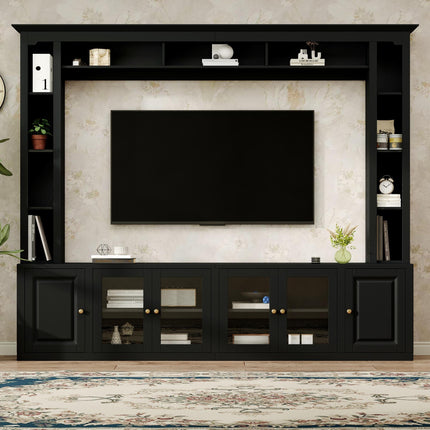 4-Piece Modern Entertainment Center Wall Unit – 92" Large TV Stand for TVs up to 80" – All-in-1 Media Console with Bookshelves & Tempered Glass Doors