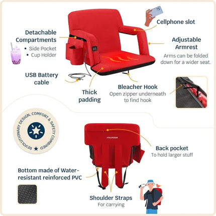 Heated Reclining Stadium Seat – Portable & Adjustable Back Support for Bleachers and Outdoor Events