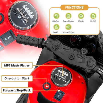 12V Kids Electric Ride-On Motorcycle – Sport Bike with Glowing LED Wheels & Bluetooth Music – Battery Powered 3-Wheel Tricycle for Boys & Girls 3-6 Years (Red)