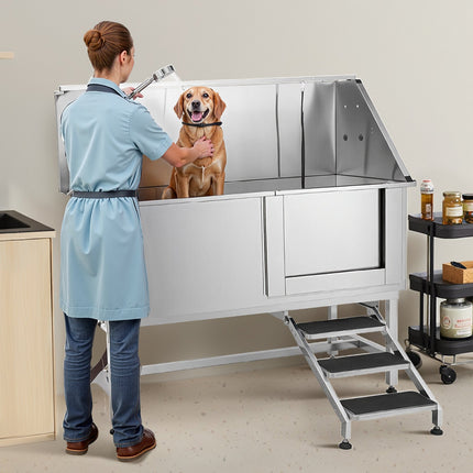 62-Inch Professional Dog Grooming Bath Tub – Heavy Duty Stainless Steel Pet Wash Station – Includes Walk-In Stairs & Water Filtration System