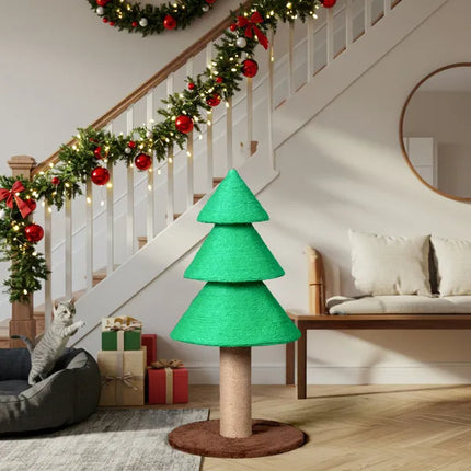 31.5" Christmas Tree Cat Scratcher – Large Sisal Scratching Post for Indoor Cats – Festive Holiday Cat Scratch Tower with Toy Balls (Green)