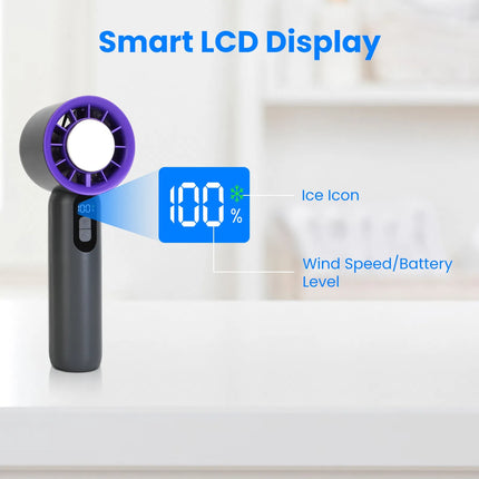 Handheld Turbo Fan with Ice Cooling Plate – 100-Speed Stepless Adjustment – 3000mAh Rechargeable Portable Fan with LCD Display – White