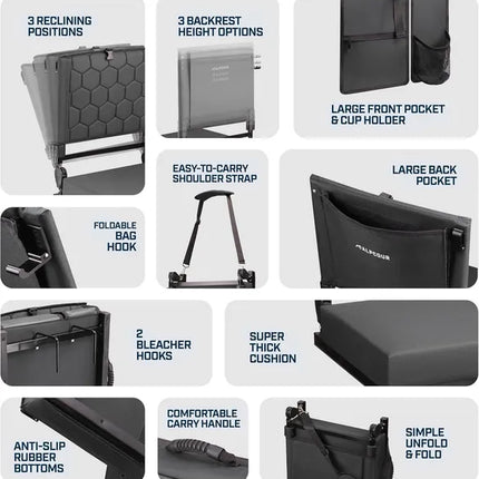 Heated Massage Reclining Stadium Seat – Portable Padded Bleacher Chair with Back Support for Sports Fans & Outdoor Events