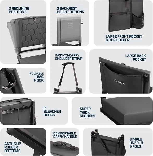 Heated Massage Reclining Stadium Seat – Portable Padded Bleacher Chair with Back Support for Sports Fans & Outdoor Events