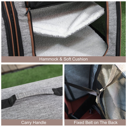 39" Portable Double Cat Carrier – Extra Large Two-Compartment Travel Crate with Removable Divider – Foldable Soft-Sided Dog Kennel with Plush Mats (Light Gray)