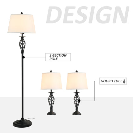 3-Piece Matching Lamp Set – 1 Floor Lamp and 2 Table Lamps – Classic Living Room & Bedroom Lighting Bundle with Fabric Shades