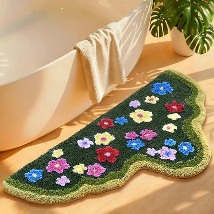 Cute Green Moss Bathroom Runner Rug – Boho Aesthetic Leaf Bath Mat – Shaggy Non-Slip Absorbent Shower Mat for Botanical Home Decor