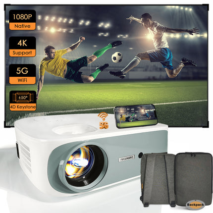 4K Supported 5G WiFi Bluetooth Projector – Native 1080P Full HD Movie Projector with 4D Keystone Correction – Outdoor Cinema for Smartphone, PS4, Laptop & TV Stick