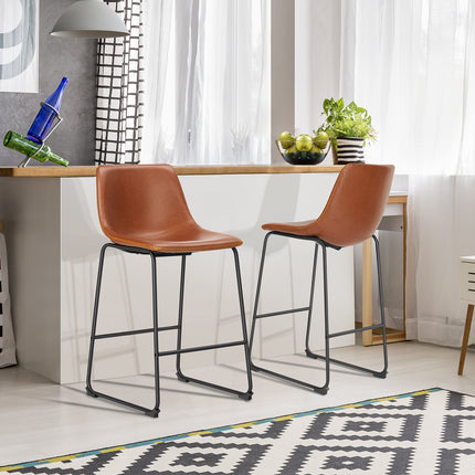 Mid-Century Modern Faux Leather Bar Stools (Set of 2) – Industrial Counter & Bar Height Seating for Kitchen & Dining