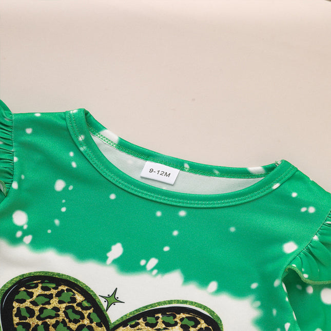 Baby Girl St. Patrick’s Day Flare Romper – Green Clover & Leopard Print Jumpsuit – Ruffle Sleeve Bell Bottom Onesie