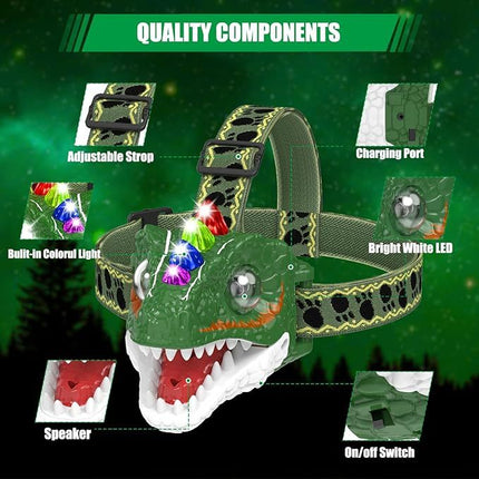 Awesome Dinosaur Headlamp for Kids – LED Camping Light with Realistic Roaring Sounds – Fun T-Rex Headlight for Night Reading & Outdoor Adventures