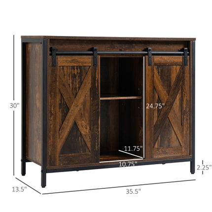 Industrial Sliding Barn Door Sideboard – Rustic Brown Buffet Cabinet with Adjustable Shelves for Kitchen, Dining & Living Room
