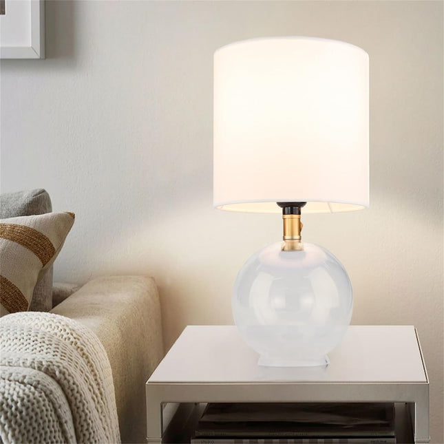 Minimalist Glass Table Lamp with Cylindrical Fabric Shade – Modern Bedside Nightstand Lamp for Bedroom & Living Room – Clear Glass Base