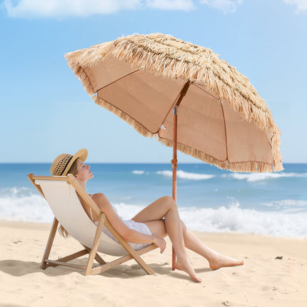 6ft Tiki Thatched Patio Umbrella – Tropical Hawaii Style Beach Umbrella – Faux Straw Outdoor Parasol for Poolside, Garden & Tiki Bar