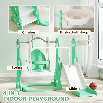 4-in-1 Toddler Slide and Swing Set – Indoor & Outdoor Playground with Climber & Basketball Hoop – Safe Activity Center for Ages 1.5-4 (Green)