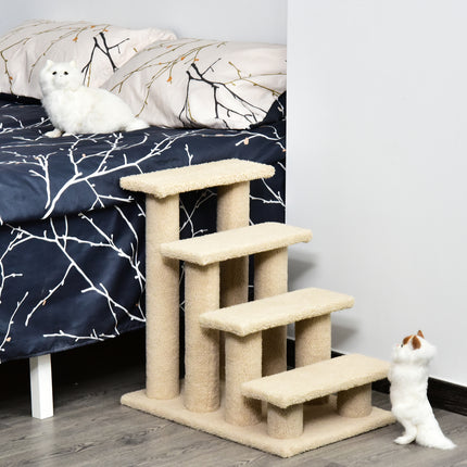 25" 4-Step Pet Stairs for Cats & Small Dogs – Multi-Level Carpeted Cat Tree with Scratching Post – Senior Pet Relief Steps in Cream White
