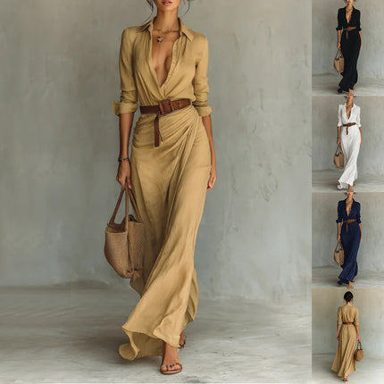 Women's Asymmetric Belted Shirt Dress – Elegant Button-Down Long Sleeve Midi Dress for Office Commuting & Chic Outfits