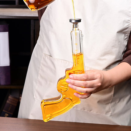 Luxury Whiskey Gun Decanter Set with Mahogany Wooden Stand – 2 Bullet Embedded Glasses – Unique Pistol Liquor Dispenser Gift for Dad, Husband & Men