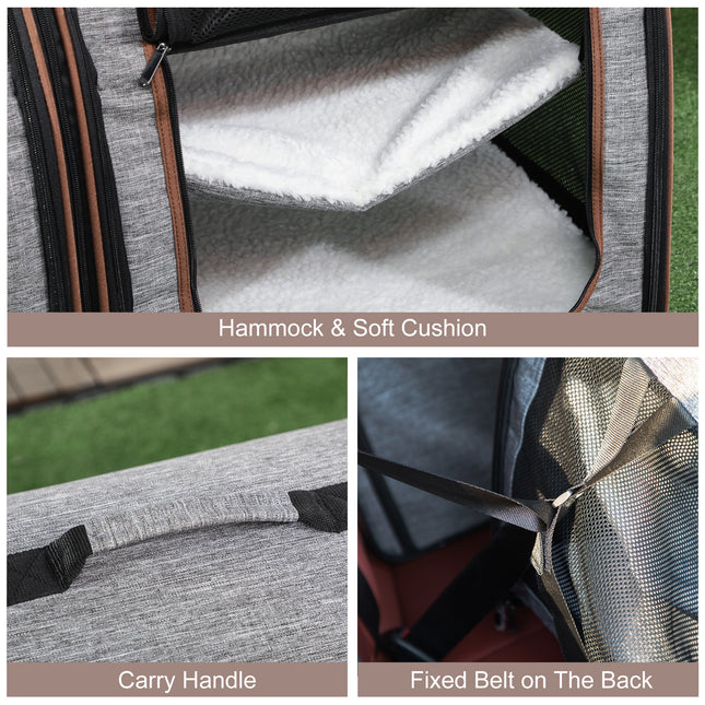 Portable Double Pet Carrier with Removable Divider – Two-Compartment Soft-Sided Cat & Dog Travel Bag – Foldable Grey Carrier with Padded Mats & Storage