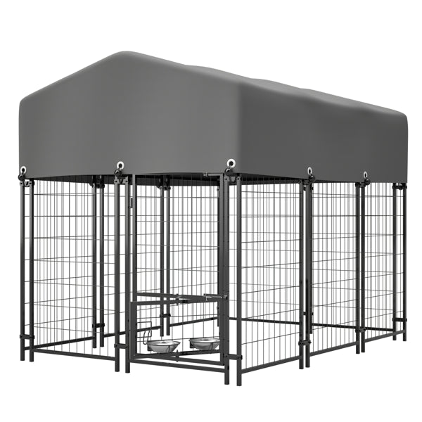 Heavy Duty Outdoor Dog Kennel with 360° Rotating Feeder – 5.8ft Welded Wire Pet Enclosure – UV-Resistant Waterproof Roof & Double-Lock Safety