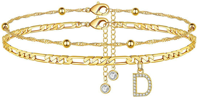 Letter anklet with gold-plated finish and artificial gem detailing