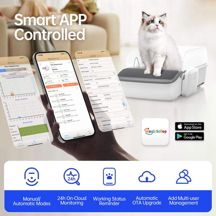 Smart Automatic Self-Cleaning Cat Litter Box – Open Top Robotic Litter Machine – Smart Sensor Safety System for Multi-Cat Households