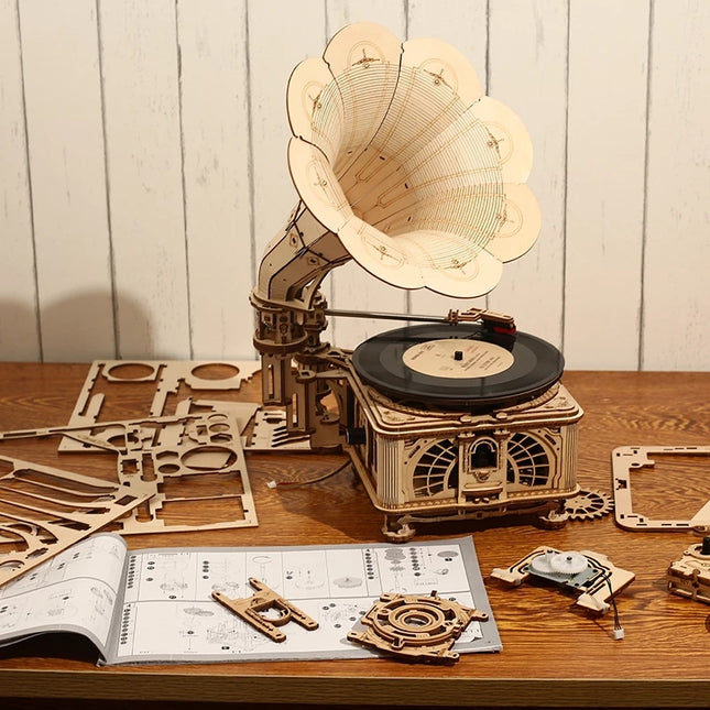 Robotime ROKR DIY Hand-Crank Gramophone – 3D Wooden Puzzle That Actually Plays Music – LKB01 Classic Phonograph Model Kit