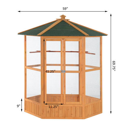 69" Wooden Hexagonal Outdoor Aviary – Deluxe Flight Bird Cage with Weather-Resistant Covered Roof – Large Outdoor Bird House in Classic Brown